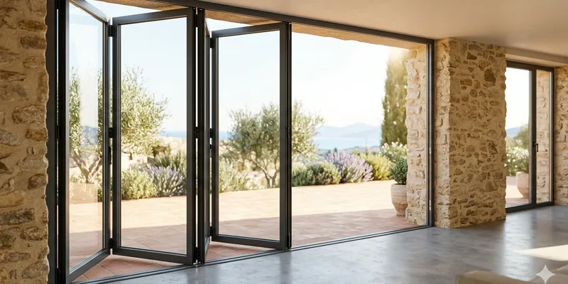 Anthracite grey aluminium bifold doors open to terrace