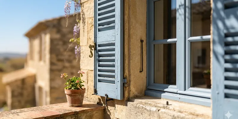 Classic French louvered wooden window shutters