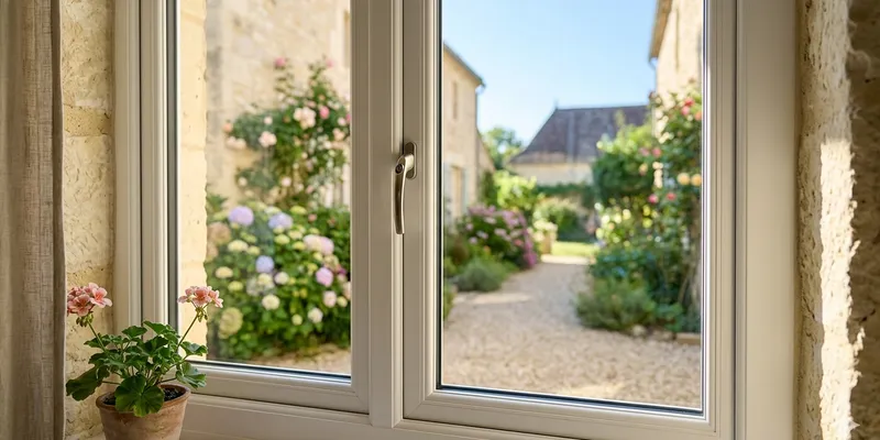 Modern white UPVC window in a stone house