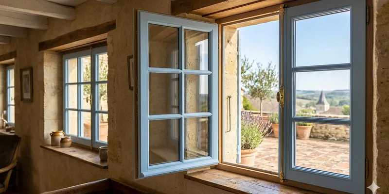 Traditional light blue wooden casement window